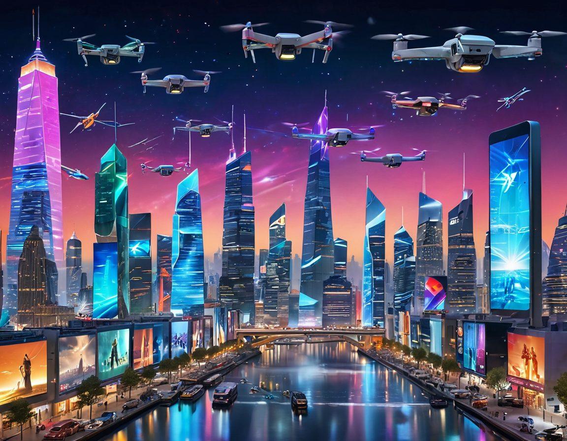 A futuristic city skyline adorned with holographic advertisements and drones flying overhead, symbolizing technological advancements. Diverse people of various backgrounds engaging with interactive digital interfaces in public spaces. Include vibrant colors and glowing elements to emphasize innovation. The scene should feel dynamic and forward-thinking, representing the digital landscape of tomorrow. super-realistic. vibrant colors.