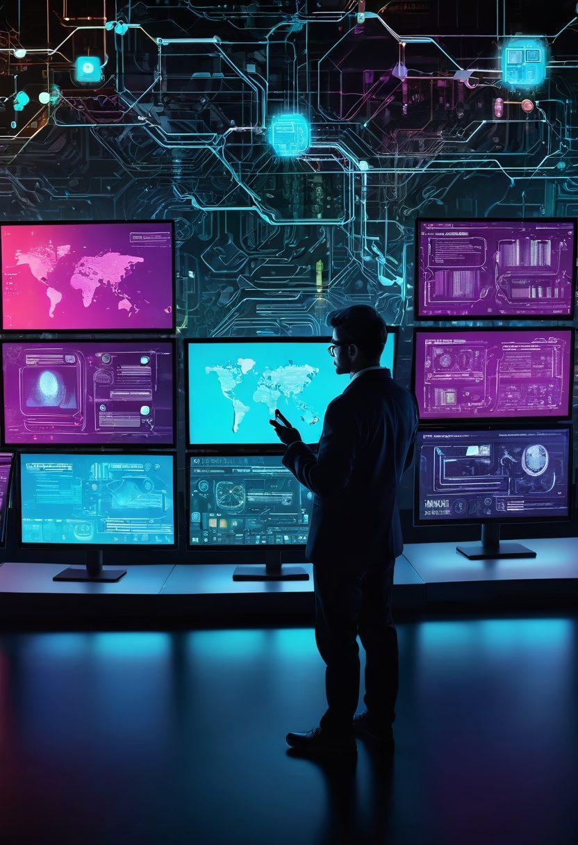 A futuristic digital landscape with a person browsing multiple screens showcasing online technology news articles, gears and circuit patterns in the background representing insights and resources. Include various icons like cloud computing, AI, and data analytics around the screens. The color scheme should be vibrant and tech-inspired. cyberpunk style. vibrant colors.