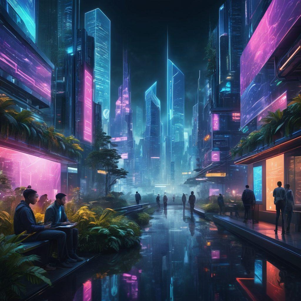 A futuristic cityscape showcasing advanced digital technology innovations, with holograms displaying data and trends in the foreground. Integrate diverse people interacting with digital devices, symbolizing an engaged online community. Bright neon lights illuminate the scene, enhancing the atmosphere of progress and connection. Futuristic architecture merges with greenery, reflecting a harmonious blend of nature and technology. cyberpunk. vibrant colors. super-realistic.